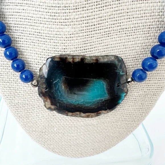 NWT Genuine Lapis Lazuli, Agate, Pearls & Glass Beads Necklace Blue White